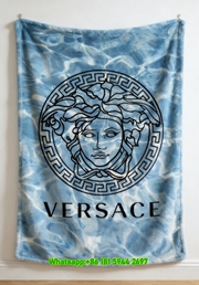 Versace Light Blue Water Ripple Medusa Print Flannel Throw Blanket Luxury Greek Key Patterned Sofa Cover Blanket IMG_1337